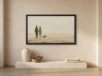 Couple Walking a Dog Wide Wall Art — Original Palette-Knife Oil, Sage & Terracotta — original hand-painted oil shown on the wall in a styled room