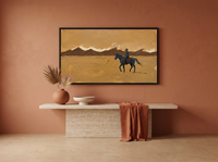 Lone Rider and Mountain Ridge Wide Wall Art — Original Palette-Knife Oil, Navy & Golden Ochre — original hand-painted oil shown on the wall in a styled room