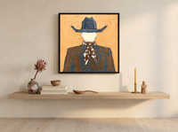 Cowboy from Behind Wall Art — Original Palette-Knife Oil, Ochre & Slate — original hand-painted oil shown on the wall in a styled room