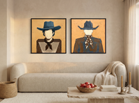 Cowboy Pair, Gingham & Floral — Set of 2 Original Oils, Ochre & Slate Blue — original hand-painted oil shown on the wall in a styled room