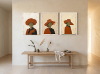 Three Women in Hats Triptych — 3 Original Oils, Burnt Orange — original hand-painted oil shown on the wall in a styled room