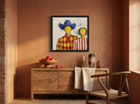 Cowboy & Cowgirl Couple Wall Art — Original Palette-Knife Oil, Cobalt & Red — original hand-painted oil shown on the wall in a styled room