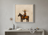 Cowboy on Horseback Wall Art — Original Palette-Knife Oil, Brown & Rust — original hand-painted oil shown on the wall in a styled room