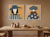 Hatted Woman, Front and Back — Set of 2 Original Oils, Slate Blue & Ochre — original hand-painted oil shown on the wall in a styled room