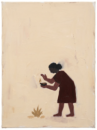 Oil painting of a figure in a deep wine robe lifting a pale lamb to the shoulder, on a warm sand ground.