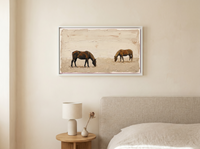 Two Grazing Horses Wide Wall Art — Original Palette-Knife Oil, Chocolate & Cream — original hand-painted oil shown on the wall in a styled room