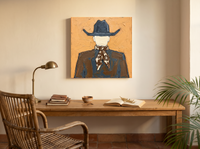Cowboy from Behind Wall Art — Original Palette-Knife Oil, Ochre & Slate — original hand-painted oil shown on the wall in a styled room