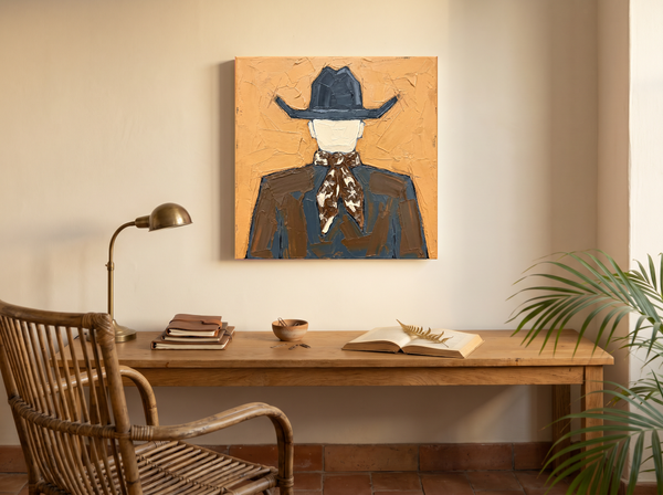 Cowboy from Behind Wall Art — Original Palette-Knife Oil, Ochre & Slate