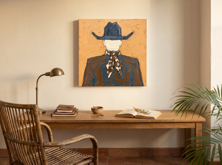 Cowboy from Behind Wall Art — Original Palette-Knife Oil, Ochre & Slate