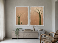 Mirrored Bare Trees — Set of 2 Original Oils, Moss on Clay — original hand-painted oil shown on the wall in a styled room