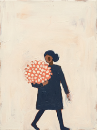 Oil painting of a tall father in a indigo-blue coat holding the small hand of a child half his height, both with pale cream heads, on a warm cream ground.