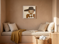 Lady in a Brown Hat Wall Art — Original Palette-Knife Oil, Chocolate & Rust — original hand-painted oil shown on the wall in a styled room
