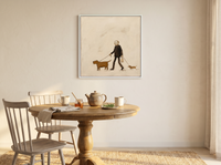 Dog Walker Wall Art — Original Palette-Knife Oil, Brown & Cream — original hand-painted oil shown on the wall in a styled room