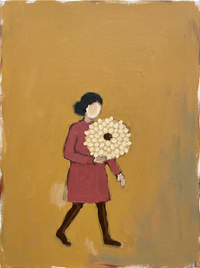 Oil painting of a tall father in a clay-rose coat holding the small hand of a child half his height, both with pale cream heads, on a mustard-gold ground.