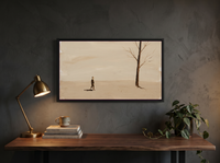 Lone Walker & Bare Tree Wide Wall Art — Original Palette-Knife Oil, Chocolate & Cream — original hand-painted oil shown on the wall in a styled room