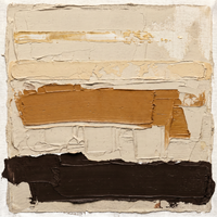 Original textured oil painting of stacked horizontal bands in oat, golden ochre and deep chocolate brown, heavy palette-knife plaster impasto on canvas.