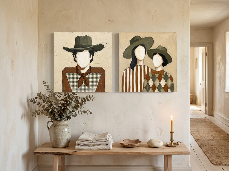Cowboy & Two Cowgirls — Set of 2 Original Oils, Olive & Caramel