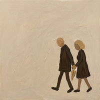 Original oil painting of a man and woman in dark brown coats walking together with a folded umbrella between them, on a cream ground