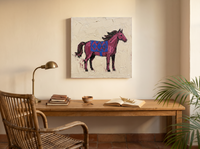 Standing Horse Wall Art — Original Palette-Knife Oil, Magenta & Cobalt — original hand-painted oil shown on the wall in a styled room