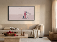 Wedding Couple & Dog Wide Wall Art — Original Palette-Knife Oil, Pink & Emerald — original hand-painted oil shown on the wall in a styled room