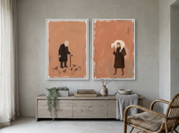 Pigeon-Feeder & Shepherd — Set of 2 Original Oils, Espresso & Terracotta — original hand-painted oil shown on the wall in a styled room