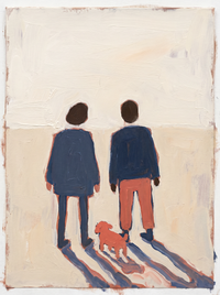 Oil painting of a man and woman in indigo-blue coats walking hand in hand, shoulders almost touching, on a warm cream ground.