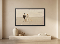Wedding Couple and Dog Wide Wall Art — Original Palette-Knife Oil, Chocolate & Cream — original hand-painted oil shown on the wall in a styled room