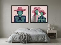 Cowboy & Two Cowgirls — Set of 2 Original Oils, Blush & Emerald — original hand-painted oil shown on the wall in a styled room
