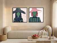 Two Women in Floppy Hats — Set of 2 Original Oils, Charcoal & Emerald — original hand-painted oil shown on the wall in a styled room