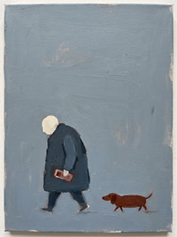 Oil painting of a man in a charcoal coat walking left with a rust-red folded paper, a small dark dachshund behind, on a slate blue-grey ground.