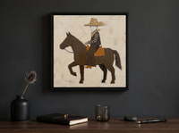 Cowboy on Horseback Wall Art — Original Palette-Knife Oil, Brown & Ochre — original hand-painted oil shown on the wall in a styled room