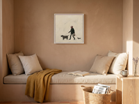 Dog Walker Wall Art — Original Palette-Knife Oil, Olive & Oxblood — original hand-painted oil shown on the wall in a styled room