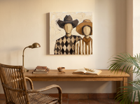 Cowboy & Cowgirl Wall Art — Original Palette-Knife Oil, Brown & Tan — original hand-painted oil shown on the wall in a styled room