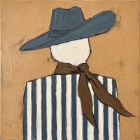 Original oil painting of a cowgirl from behind in a slate-blue hat with a brown scarf over a slate and cream striped shirt, on a golden ochre ground