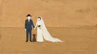 Original wide oil painting of a groom in a navy suit and black hat, a bride in a white gown with a veil, and a dark dog, on a golden-ochre field