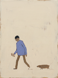 Oil painting of a man in a periwinkle coat and caramel trousers walking left, a small dachshund behind, on a pale oat ground.