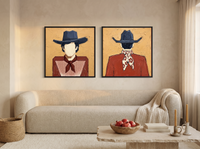 Cowboy Pair, Gingham & Floral — Set of 2 Original Oils, Vermilion & Navy — original hand-painted oil shown on the wall in a styled room