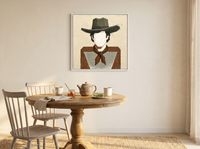 Cowboy in a Checked Shirt Wall Art — Original Palette-Knife Oil, Olive & Brown — original hand-painted oil shown on the wall in a styled room