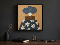 Lady in a Daisy Shirt Wall Art — Original Palette-Knife Oil, Navy & Ochre — original hand-painted oil shown on the wall in a styled room