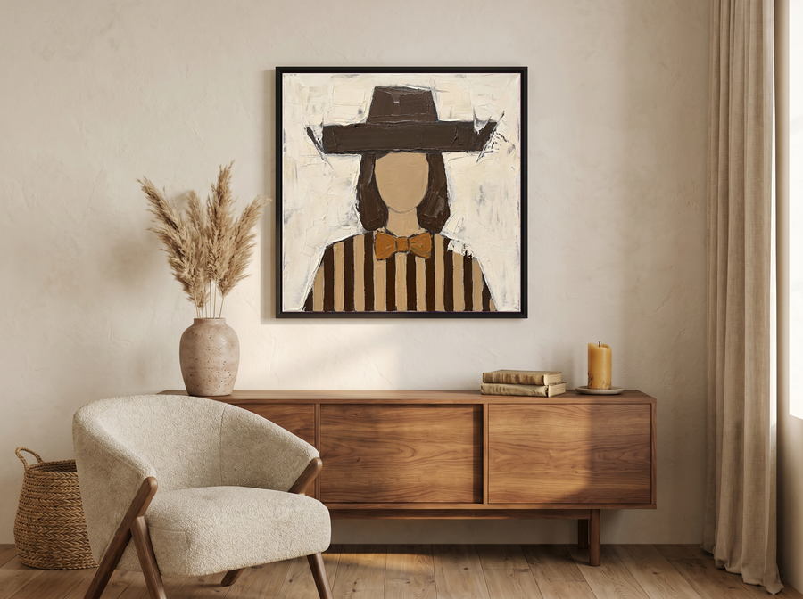 Lady in an Angular Brown Hat Wall Art — Original Palette-Knife Oil, Chocolate & Tan