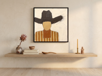 Cowboy in a Wide Hat Wall Art — Original Palette-Knife Oil, Brown & Ochre — original hand-painted oil shown on the wall in a styled room