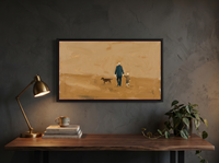 Father, Child and Dog Walking Wide Wall Art — Original Oil Landscape, Golden Ochre & Navy — original hand-painted oil shown on the wall in a styled room
