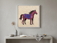 Standing Horse Wall Art — Original Palette-Knife Oil, Magenta & Cobalt — original hand-painted oil shown on the wall in a styled room