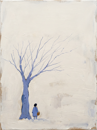 Oil painting of a pale periwinkle bare tree, trunk at the lower left and fine branches spreading right, a small periwinkle-coated figure with a tan bag beneath, on a misty cream sky.