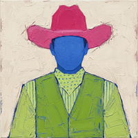 Original oil painting of a cowboy in a raspberry-pink hat with a cobalt oval face and lime-green vest over a lime and blue striped shirt, on an ivory ground