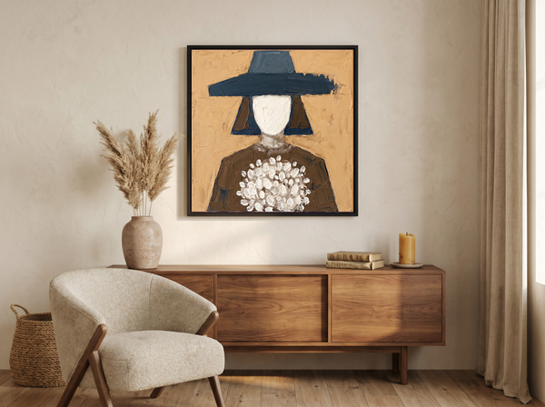 Woman with a Bouquet Wall Art — Original Palette-Knife Oil, Ochre & Navy