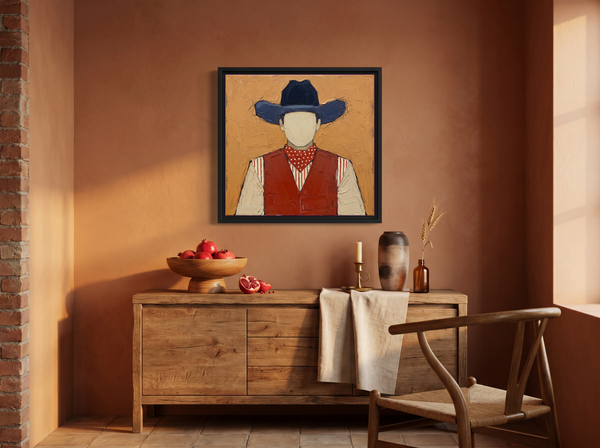 Cowboy in a Vest Wall Art — Original Palette-Knife Oil, Navy & Rust