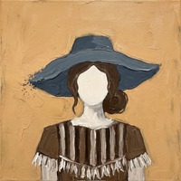 Original heavy-impasto oil painting of a blank-faced woman in a slate-navy floppy hat with brown hair over a brown striped bodice with cream fringe on a golden ochre ground