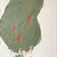 Original textured oil painting of a large sage-green organic mass with thin terracotta scraped diagonal lines and warm flecks, on an off-white ground, heavy palette-knife impasto.