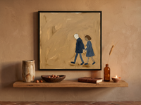 Couple Walking Hand in Hand Wall Art — Original Oil, Navy & Ochre — original hand-painted oil shown on the wall in a styled room